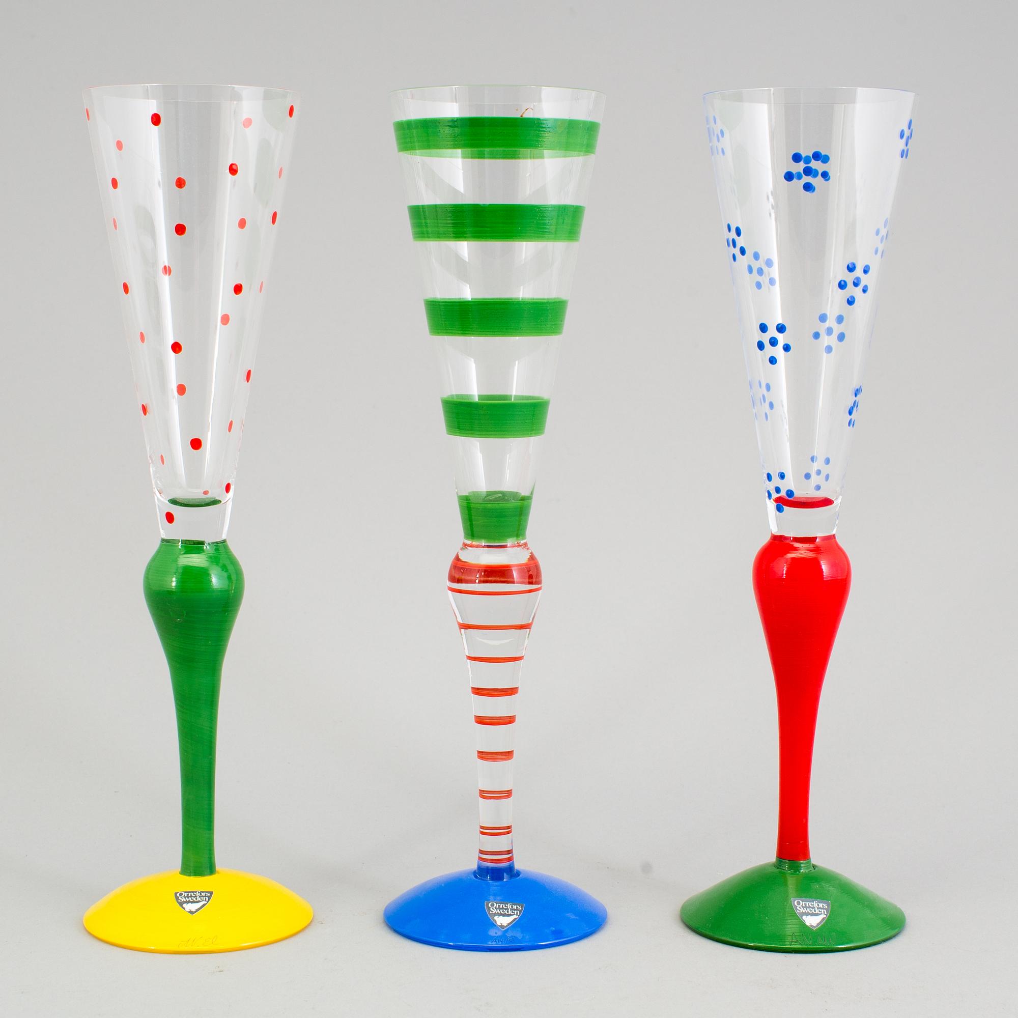 ANNE NILSSON, champagneglas, 6 st, "Clown", glas, Orrefors, signerade.