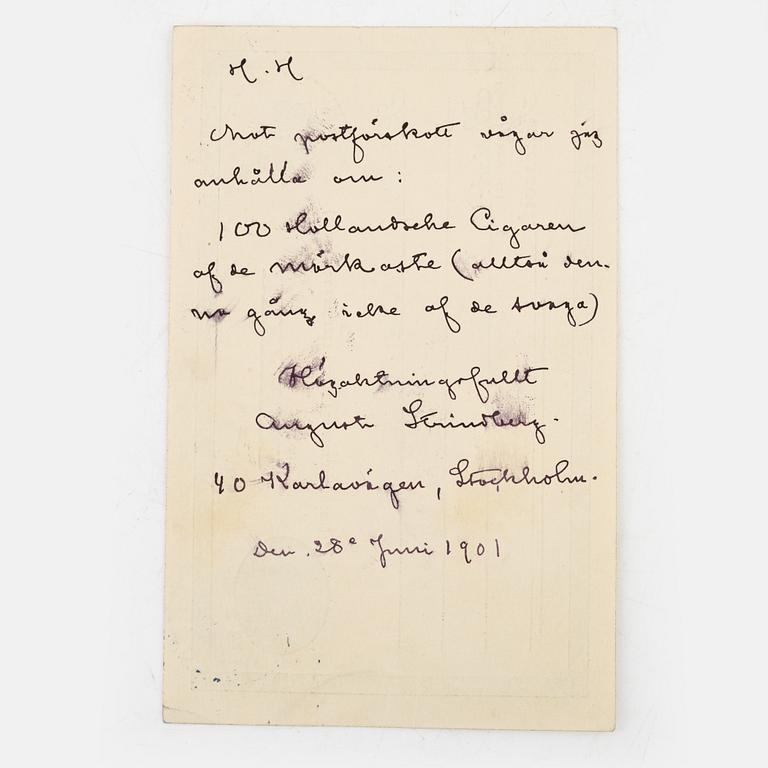 Handskrivet brevkort av Strindberg om tobak, 1901.