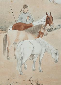 MÅLNING. Sen Qing dynastin (1644-1912). Landskap med hästar och herdar.
