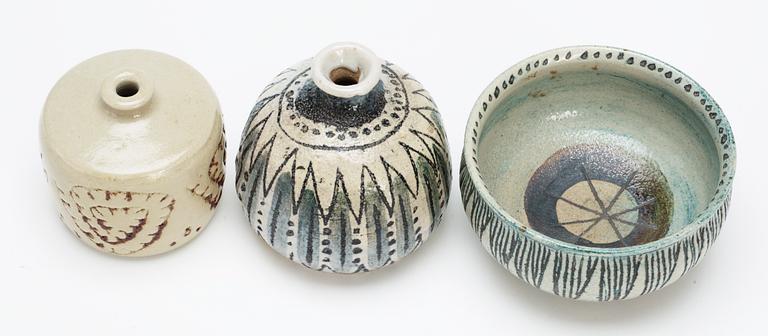 An Anders Bruno Liljefors set of two stoneware vases and a bowl, Gustavsberg studio 1952.