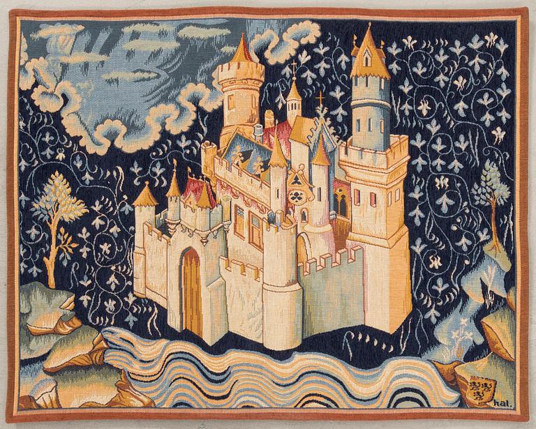 Tapestry Tapisserie d'Halluin "Chateau d'Apocalypse" signed, approx. 72x90 cm.