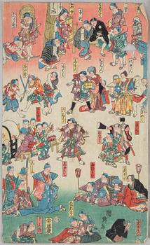 FÄRGTRÄSNITT, triptyk, Japan, Meiji (1868-1912).