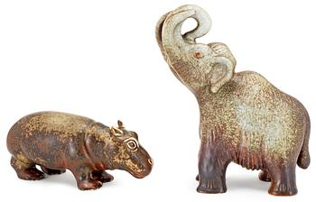 392. Two Gunnar Nylund stoneware figures, a hippo and a mammoth, Rörstrand.