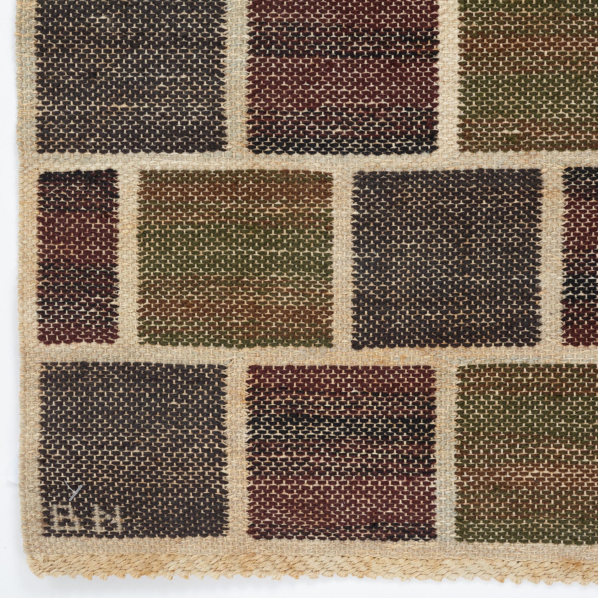 Barbro Nilsson, vävnad, "Kvadrater på linne, mörk", inplock på linnebotten, ca 48-49 x 39-40 cm, signerad BN.