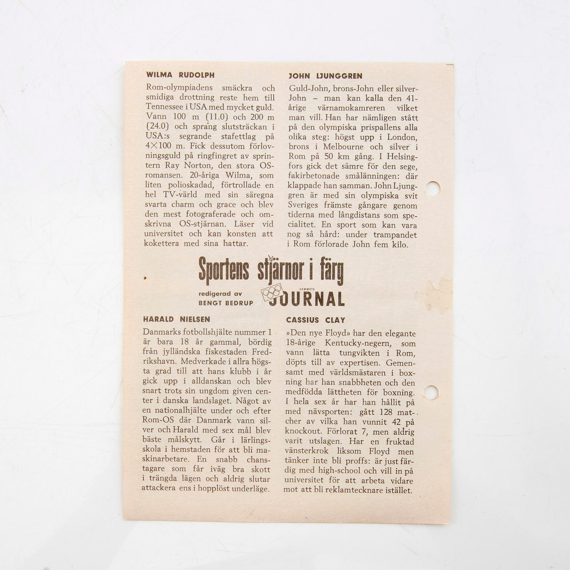 Idolkort, "Sportens stjärnor", bl a Cassius Clay, Nacka Skoglund mfl Hemmets Journal, 1960-tal.