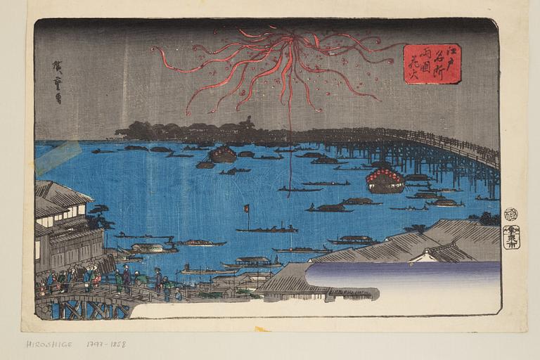 Ando Utagawa Hiroshige, two woodblock prints 'Cooling off at Ryōgoku Bridge' and 'Fireworks at Ryogoku Bridge'.