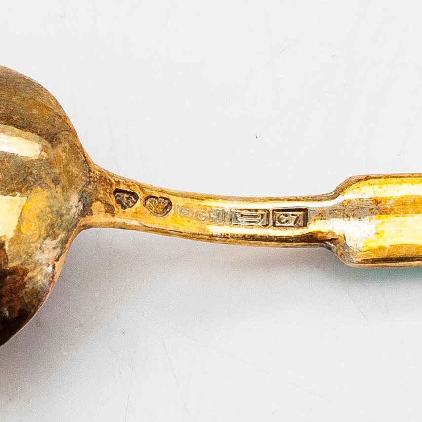 Tillander, sixteen enamelled and gilded silver coffee spoons, Helsinki 1952-65. Twelve in original box.