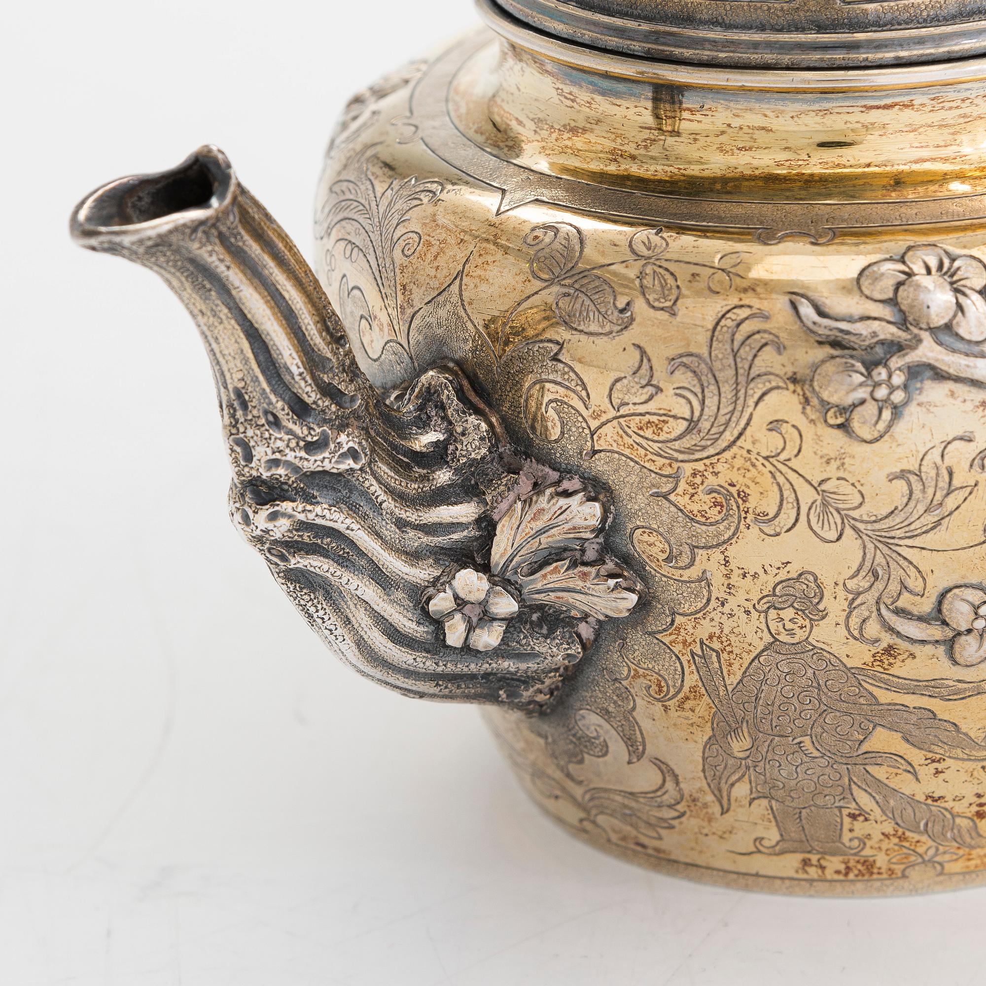 Samuel Smily, teservis, 9 delar, sterling silver, delvis förgyllt, Goldsmiths Alliance Ltd, London 1873-74.
