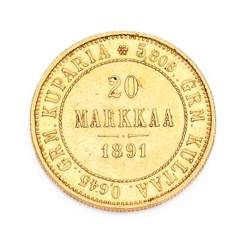 A gold coin, 20 marks, Finland 1891.