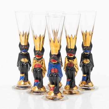 Gunnar Cyrén, snapsglas, 6 st, s.k. "Djävulsglas", ur Nobel-servisen, Orrefors.