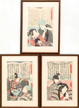 Utagawa Kunisada, woodcut print 3 pcs, Japan 19th Century.