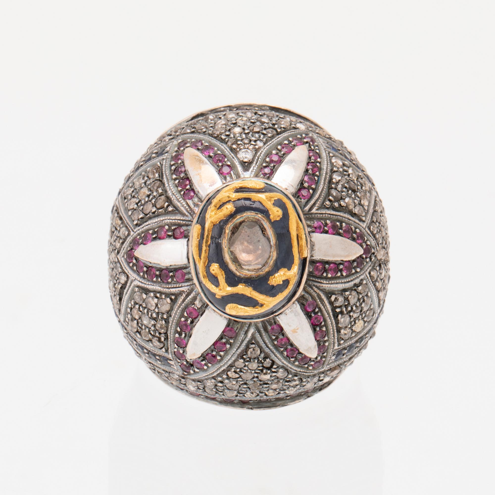 Ring/Cocktail ring in white and yellow gold with diamonds and coloured stones, Gem Palace Jaipur India.