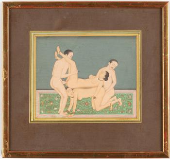 Oidentifierad konstnär, Erotiska scener, Indien, 1900-tal. Tre stycken.