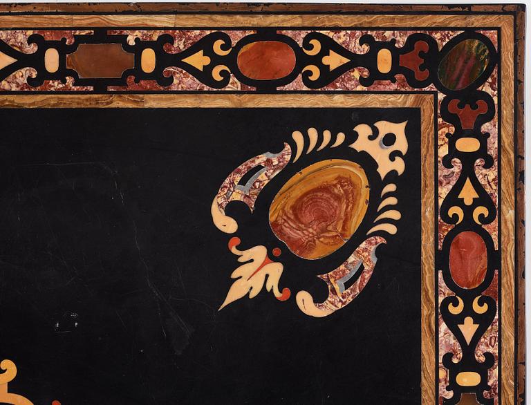 A pietre dure top, Italy, circa 1900, probably Rome or Naples. The stand in Louis XIV-style.