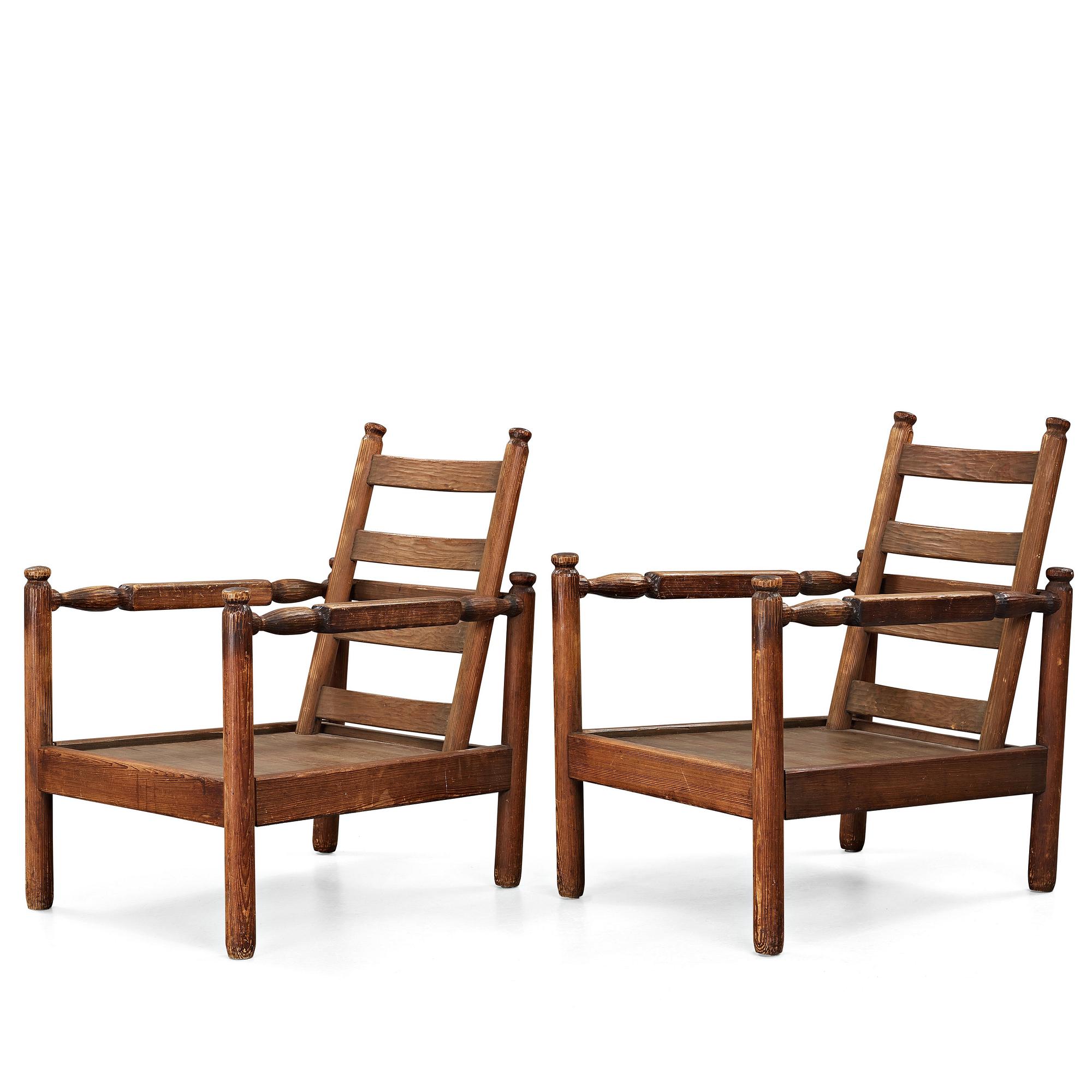 Axel Einar Hjorth, a pair of stained pine "Sandhamn" lounge chairs, Nordiska Kompaniet, Sweden 1929.