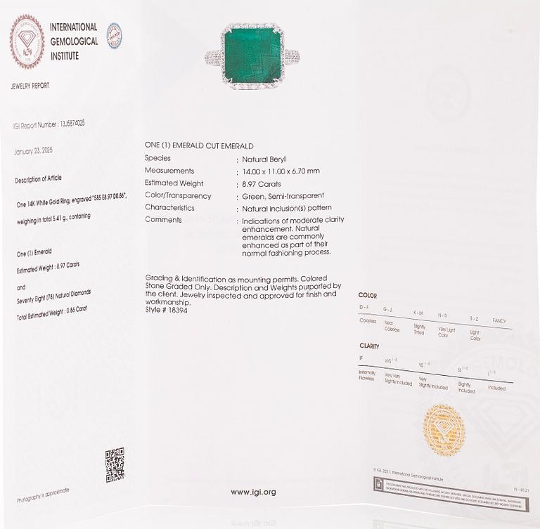 Sormus, 14K valkokultaa, smaragdi noin 8.97 ct ja timantteja.
