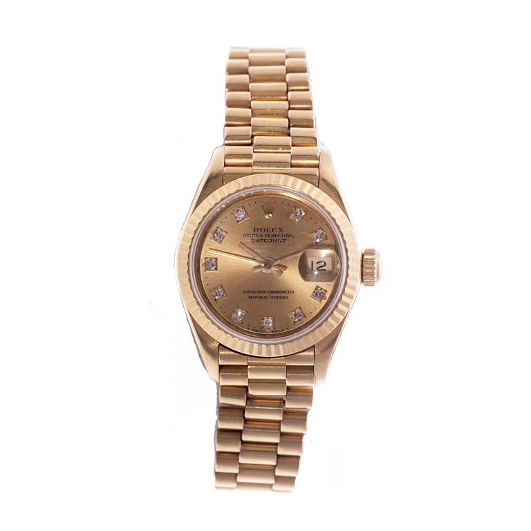 ARMBANDSUR, dam, Rolex Oyster Perpetual Datejust, 18K guld armband, diamantindex. 1990-tal.