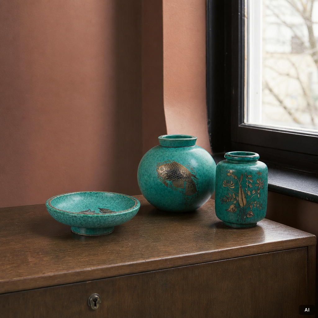 Wilhelm Kåge, two 'Argenta' vases and a bowl, Gustavsberg, 1930s/40s.