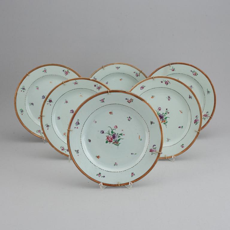 A set of 12 famille rose plates (6+6), Qing dynasty, Qianlong (1736-95).