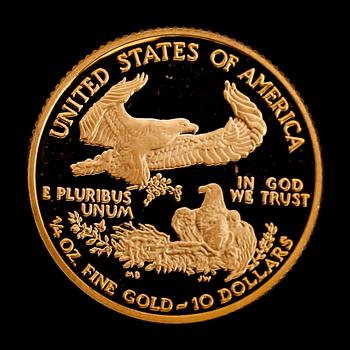 GULDMYNT, finguld, Golden Eagle, USA, 10 dollars, 2005. Vikt ca 8 g.
