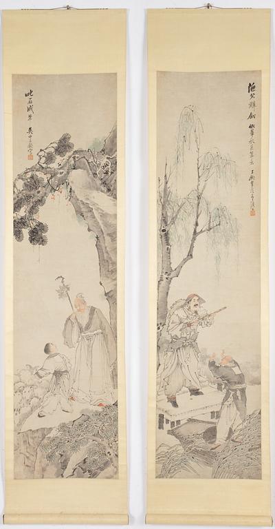 Wei Jian (Kina, 1800-tal), två målningar, Figurscener i landskap.