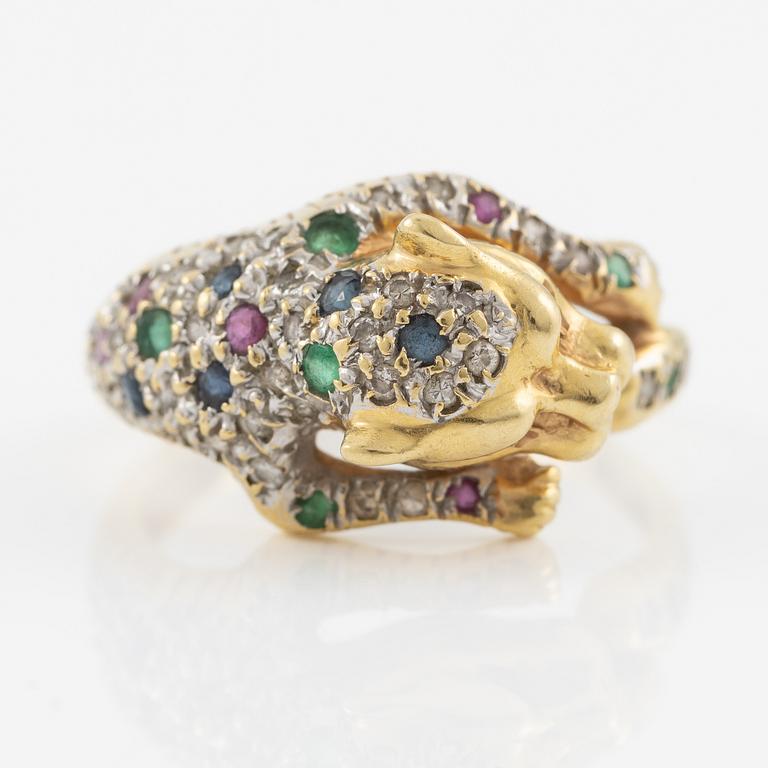 Ring, in the form of a panther, 18K gold with diamonds, sapphires, rubies, and emeralds.