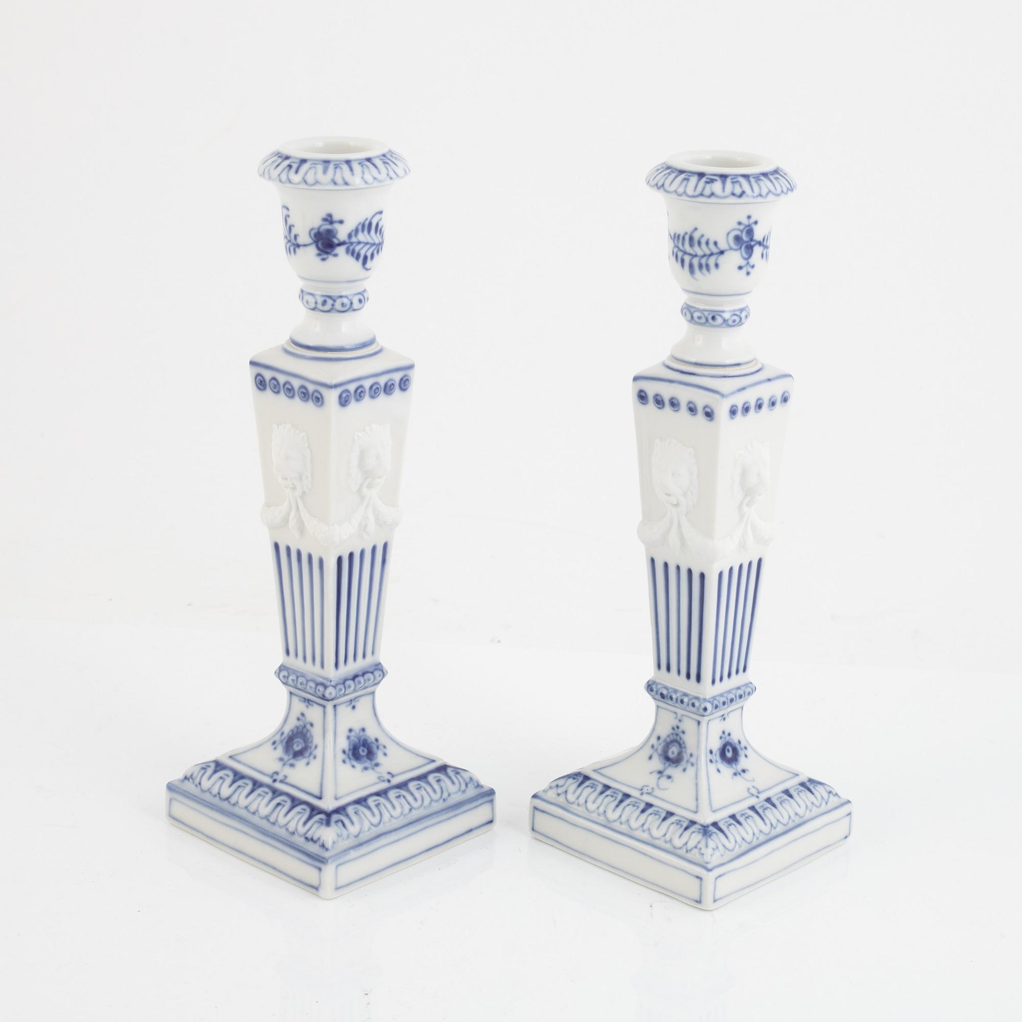 Candlesticks, a pair, porcelain, "Musselmalet", Royal Copenhagen, Denmark, 1969-1974.