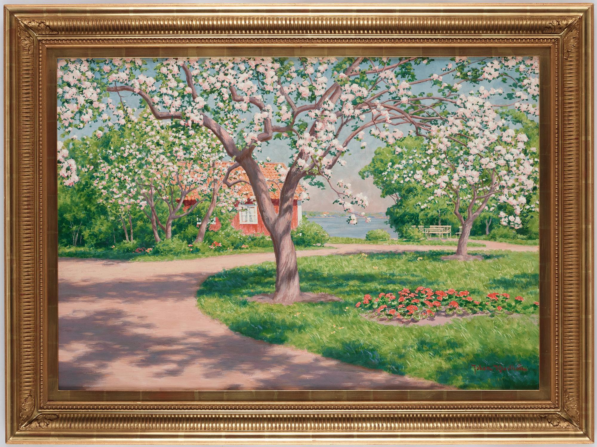 Johan Krouthén, Sommarlandskap med blommande fruktträd.