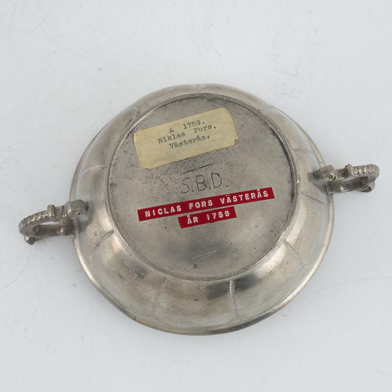 A pewter brandy-bowl, mark of Nils Forss, Västerås 1759.