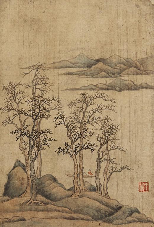 ALBUM, med 12 landskapsmålningar i Wang Huis (1632-1717) stil, Qingdynastin, 1800-tal.