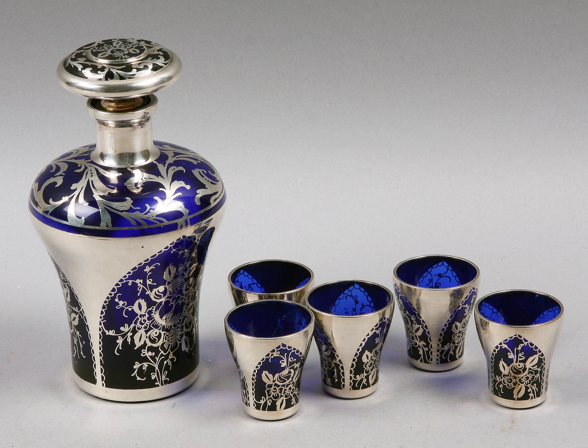 KARAFF samt GLAS, 5 st, glas med silverdekor.