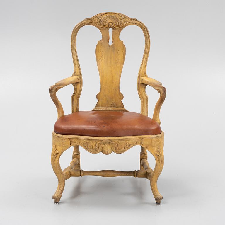 A Swedish painted and carved rococo armchair, later part of the 18th century.