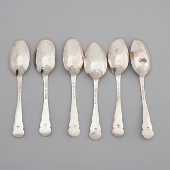 A set of six Swedish 18th century silver dinner-spoons, mark of Johan Leffler, Falun 1773.