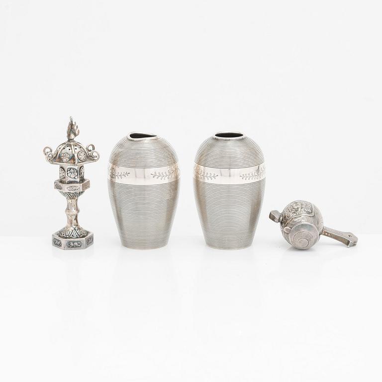 A pair of silver vases, and two sterling silver shakers, Japan, first half of the 20th century.