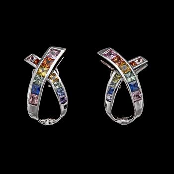 156. EARRINGS, different colour princess cut sapphires.