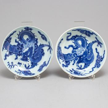 Two similar blue and white dishes, Qing dynasty, early 18th century.