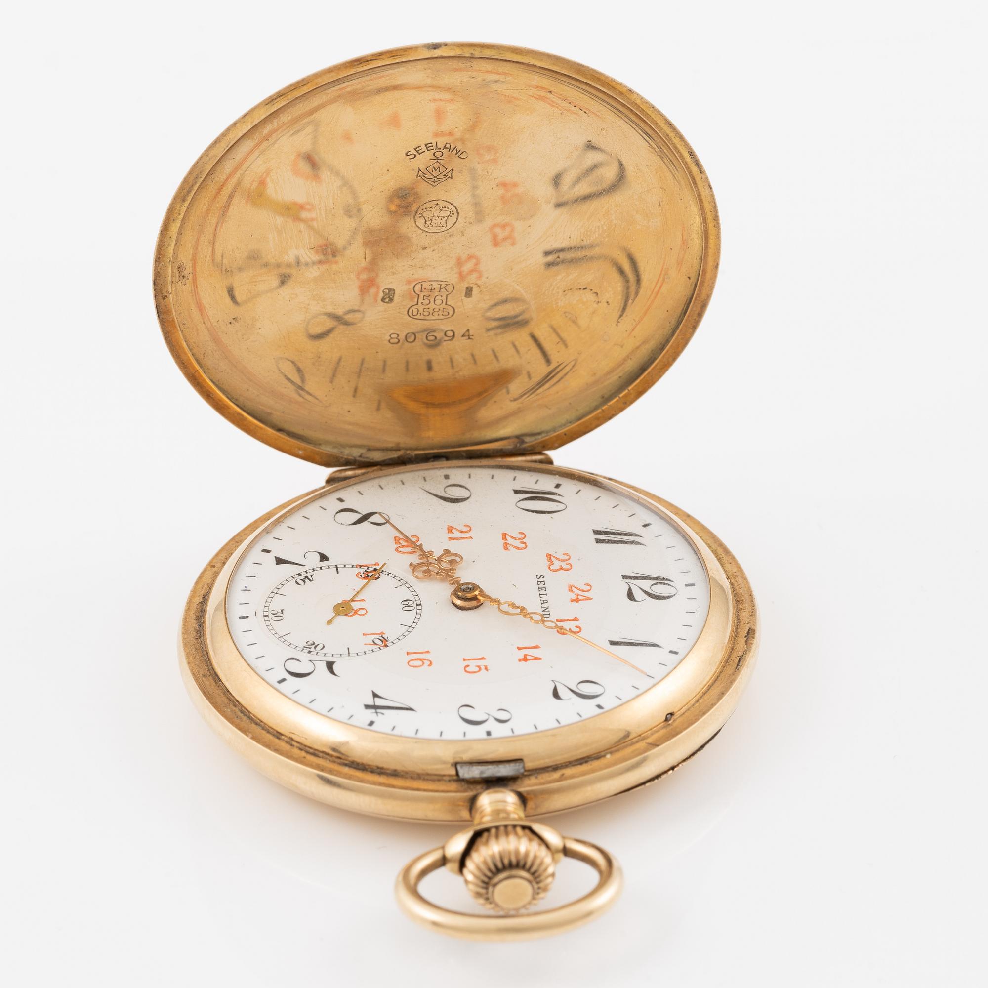 Pocket watch, Seeland, 14K gold, hunter, 51.5 mm.