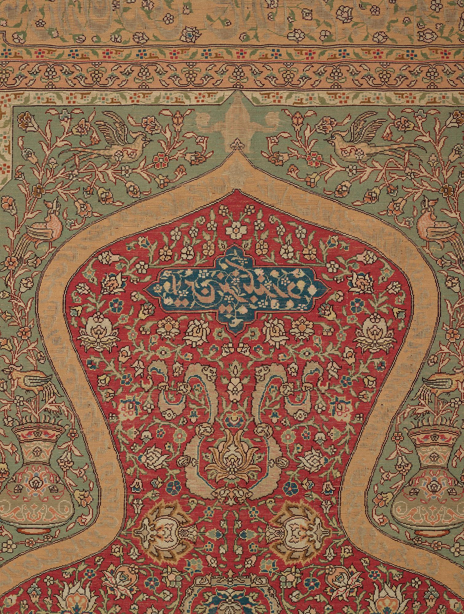 Matta, antik silke Kum Kapi med metallbroschering, Istanbul omkring 1910, "Sultan's Head Prayer" design.
