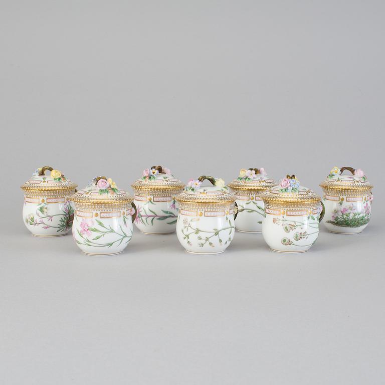 A set of seven Royal Copenhagen 'Flora Danica' custard cups with stands, 20th Century.