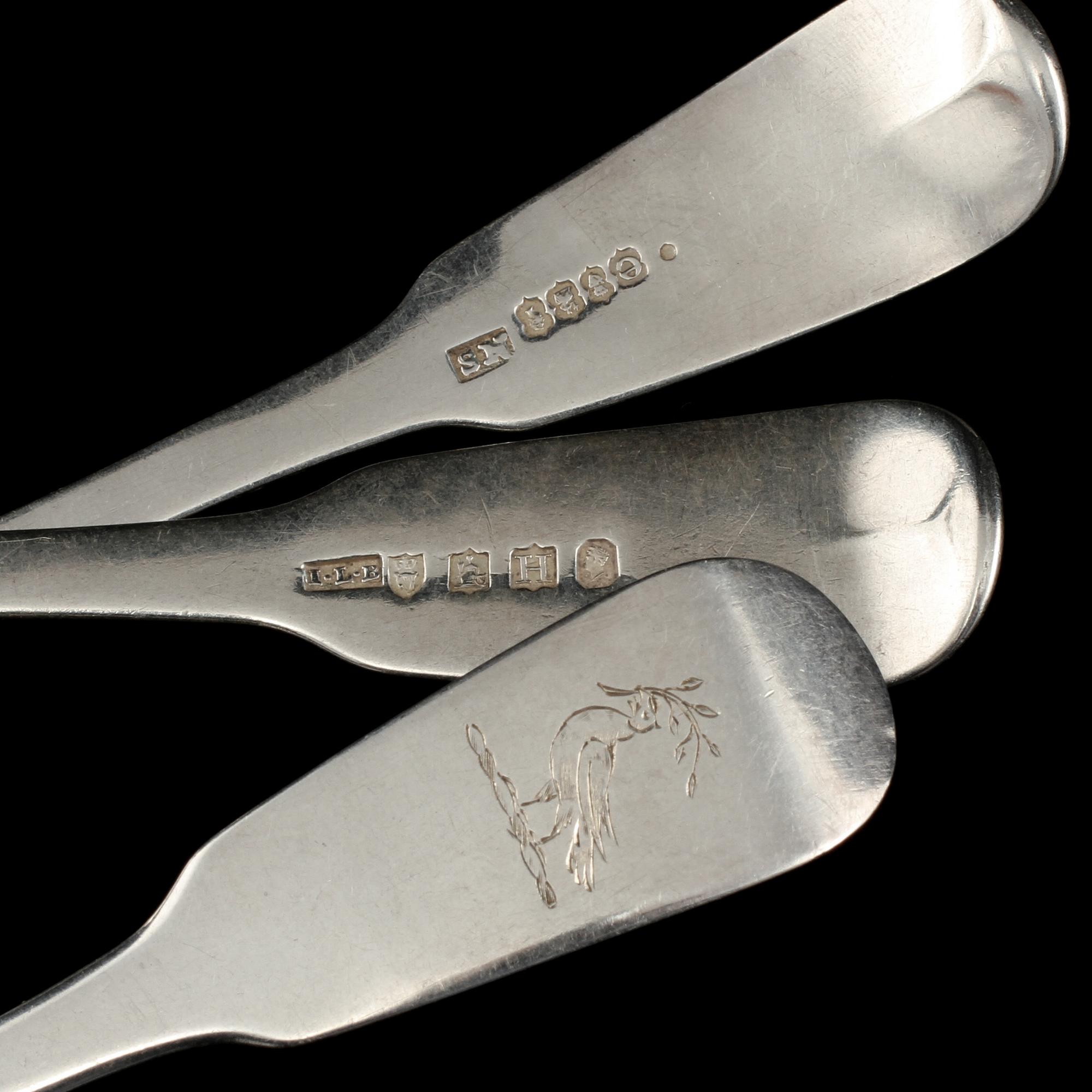 SKEDAR, 6 st, sterlingsilver, William Cummins, Samuel Neville samt James Le Bas, Irland, 1800-tal. Vikt 199 g.