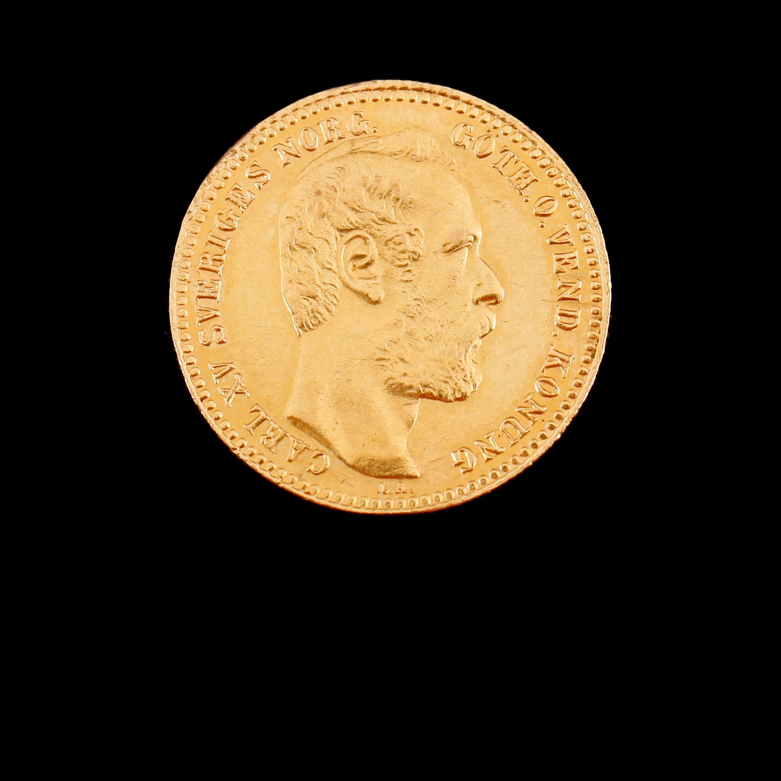 GULDMYNT, 1 carolin/10 francs, Carl XV, 1868. Vikt ca 3 gram.