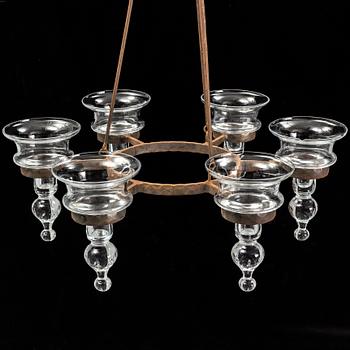 BERTIL VALLIEN, ljuskrona, glas och metall för sex ljus.  Boda smide.
