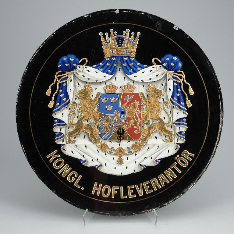 SKYLT, glas, "Kunglig Hovleverantör", 1800-talets slut.