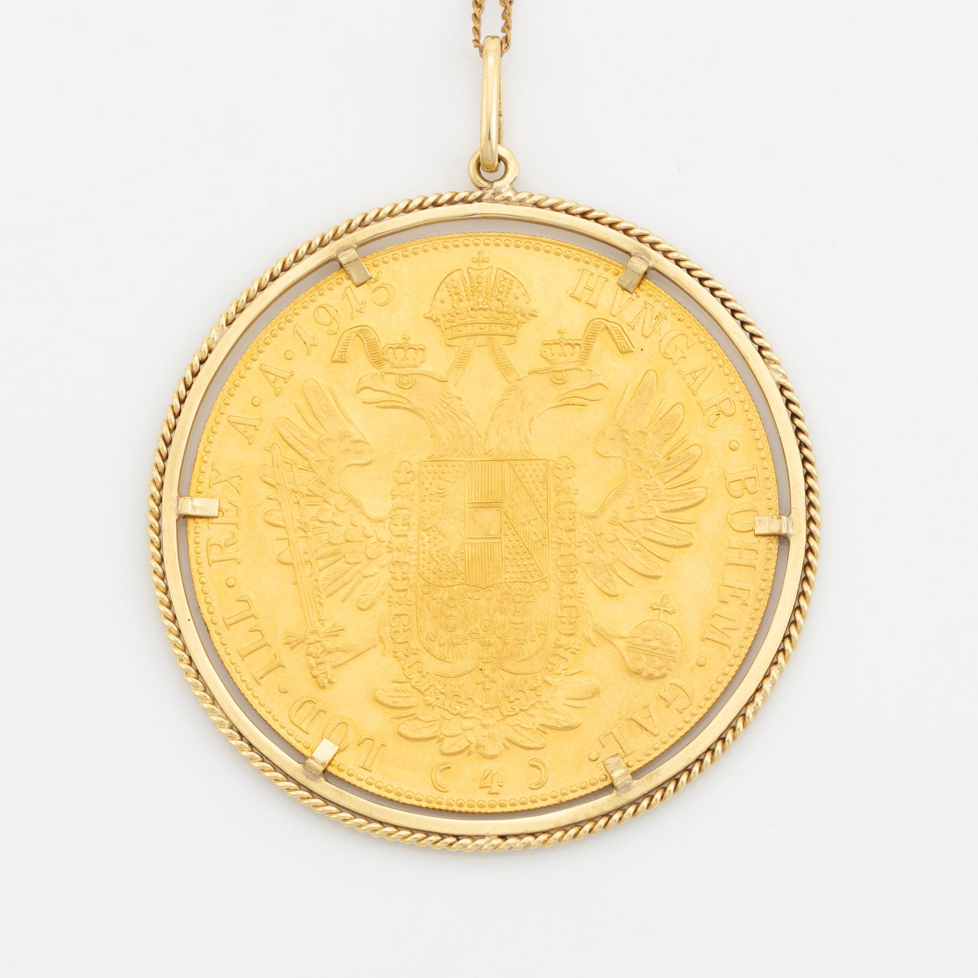 Hängsmycke med mynt, 23K guld, samt mynt, 23K guld, Österrike-Ungern, 1915.