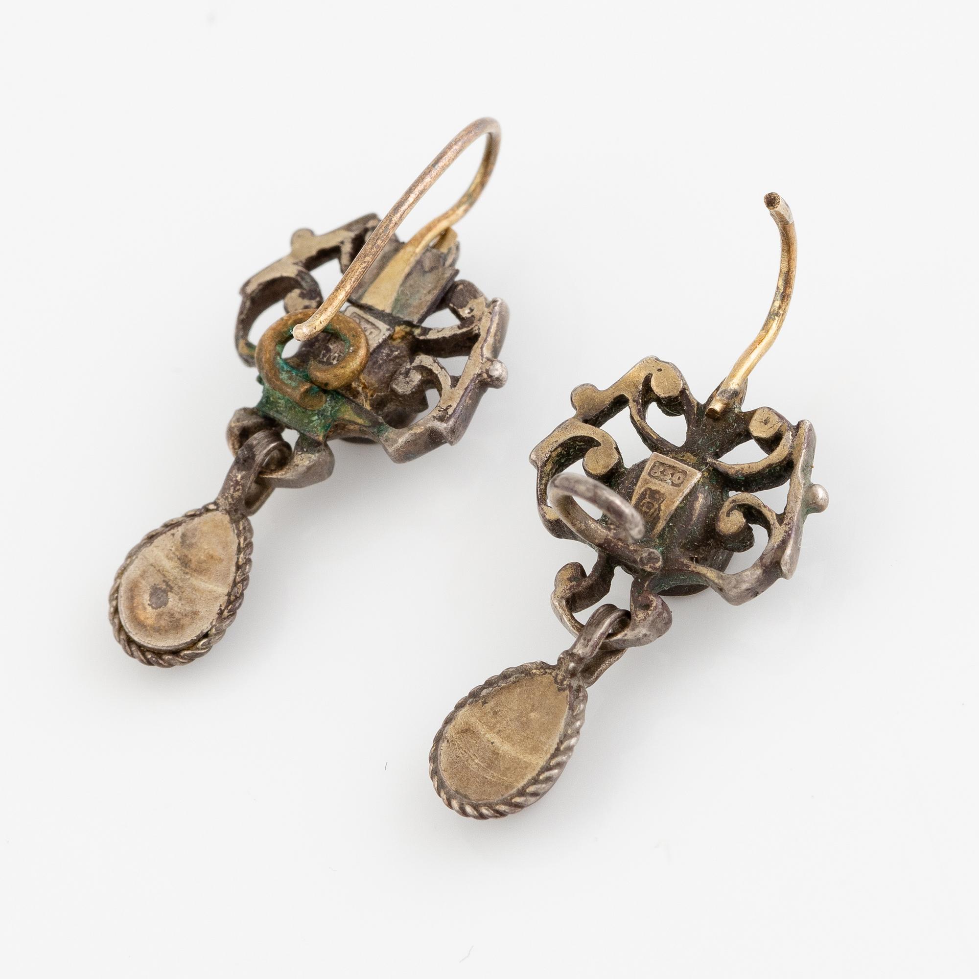 Earrings, two pairs, silver, enamel, pearls, glass stones.