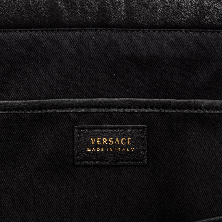 Versace, a black quilted leather handbag.
