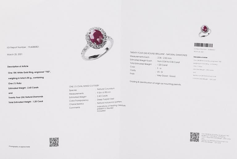 Ring, 18K white gold ring with a ca. 2.40 ct ruby and diamonds ca. 1.20 ct in total according to certificate.