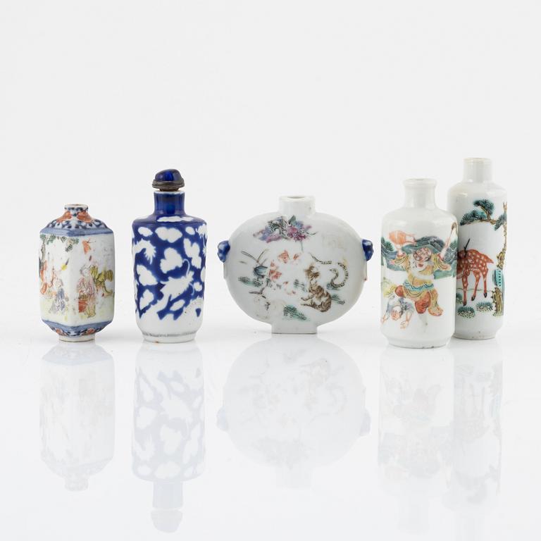 Five porcelain snuffbottles, China, 19th-20th century.