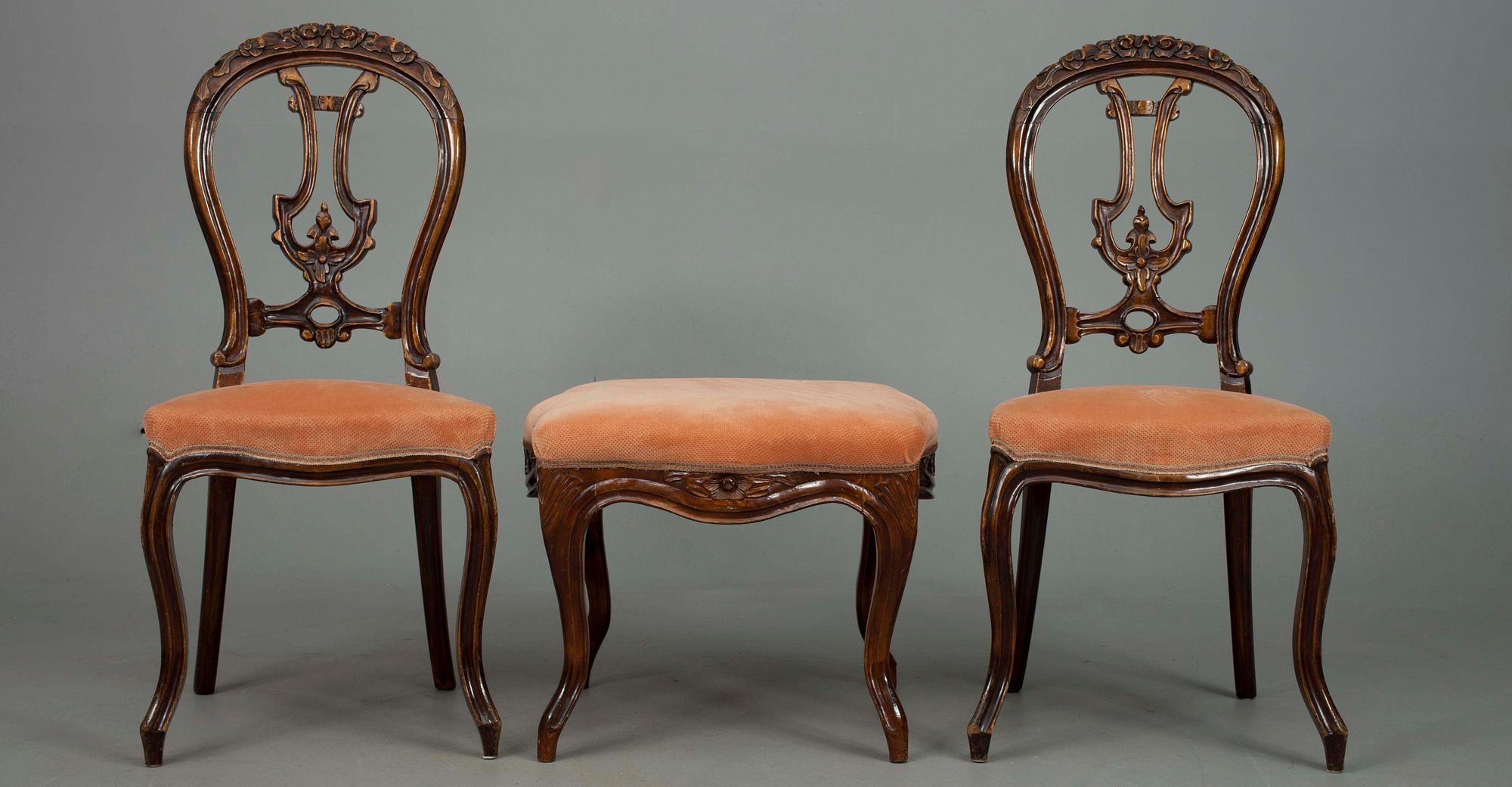 SOFFA, TABURETT samt STOLAR, ett par, nyrokoko-stil, 1800-talets slut.