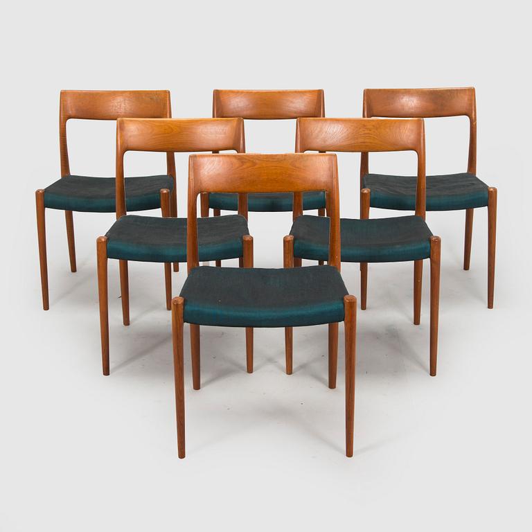 Niels Otto Møller, tuoleja, 6 kpl, malli 77, J.L. Møllers Møbelfabrik, Tanska, 1960-luku.